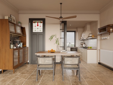  中古风餐厅 法式餐厅 咖啡柜 开放式厨房 西厨 侘寂餐厅3d模型 