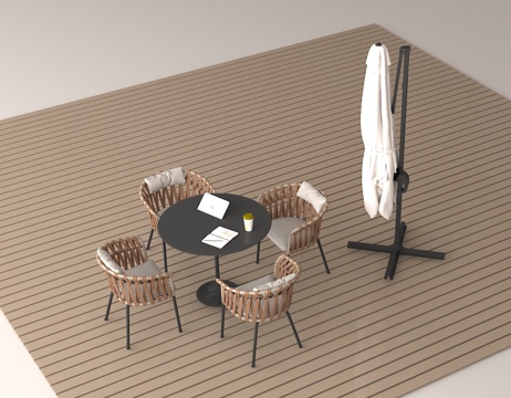 户外休闲桌椅 露台家具 藤编桌椅 遮阳伞 阳台桌椅su模型