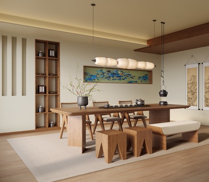 新中式茶室 茶桌椅 茶室吊灯 茶具摆件 凳子su模型