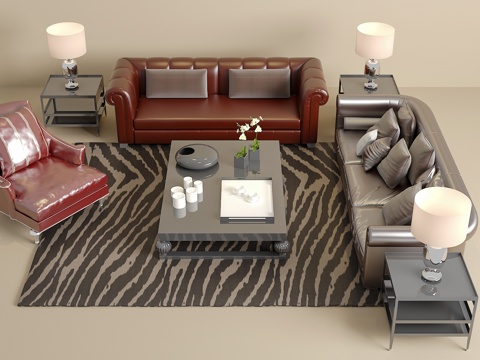 欧式沙发茶几组合 台灯 饰品摆件su模型