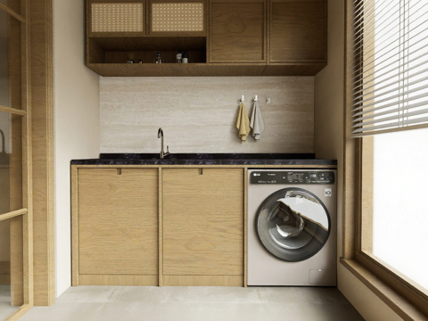 ​日式​洗衣房 阳台 藤编吊柜 嵌入式洗衣机 水槽毛巾组合su模型