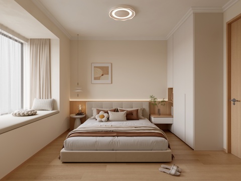 奶油原木风卧室su模型