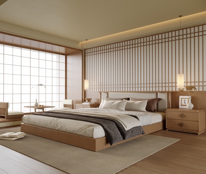 日式卧室 双人床 床头柜 飘窗茶桌椅su模型