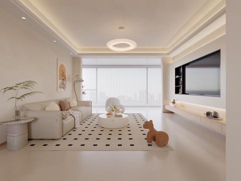 奶油原木风客厅su模型