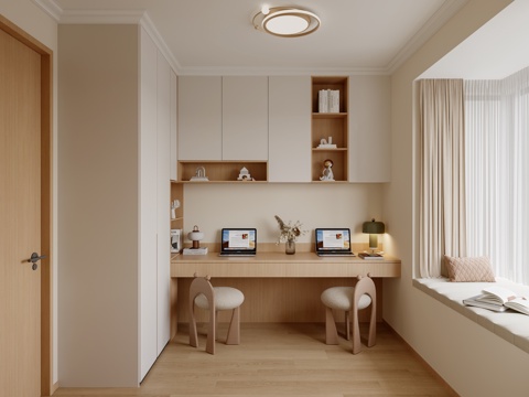 奶油原木风书房su模型