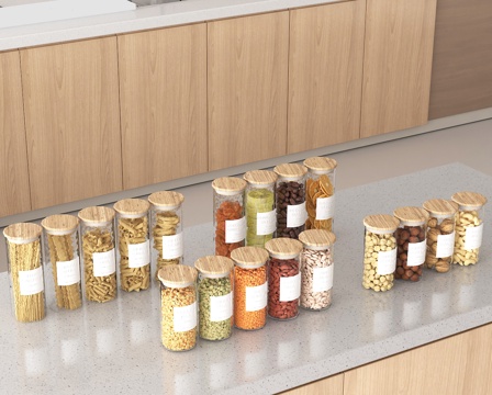 厨房收纳罐 食品密封罐 五谷杂粮储存 透明储物罐 木质盖罐子su模型