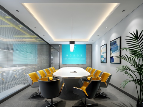  现代会议室 现代会议室 会议桌 吊灯 办公椅3D模型下载3d模型 