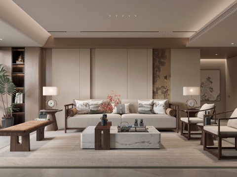 新中式客厅su模型