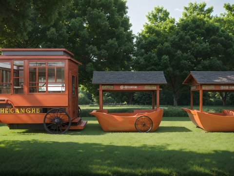 现代市集摊位 小吃车 小吃摊su模型