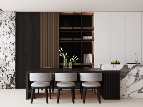  现代意式岛台餐厅 轻奢意式餐厅 开放式餐厅 岛台餐桌椅3d模型 