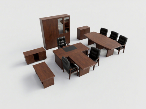 现代红木办公家具 L型办公桌 会议桌 皮质座椅 文件柜su模型
