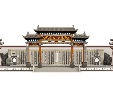 中式广场 牌坊 景墙 雕塑su模型