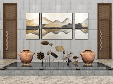  新中式荷花水景园艺小品背景墙3d模型 