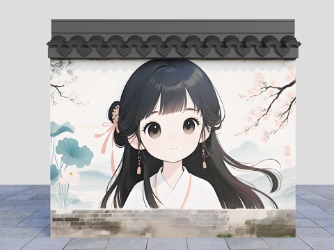  彩绘围墙 花朵围墙 少女墙画围墙 卡通围墙 现代美陈墙面 墙3d模型 