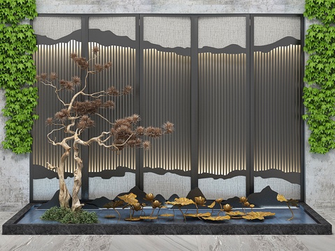  新中式园艺景观假山松树荷花水景3d模型 
