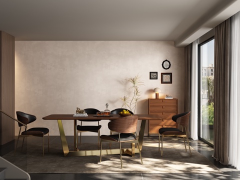  现代中古风餐厅 餐桌椅3d模型 