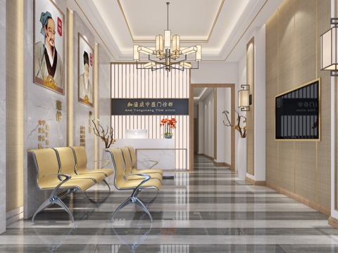  中式新中式中医院接待大厅3d模型 