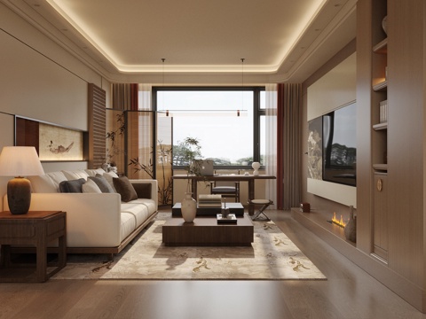 新中式禅意家居客厅 中式宋式客厅 沙发茶几组合 茶桌椅su模型