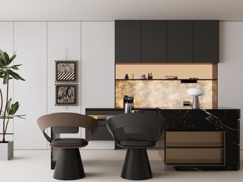  现代意式岛台餐厅 轻奢意式餐厅 开放式餐厅 岛台餐桌椅3d模型 