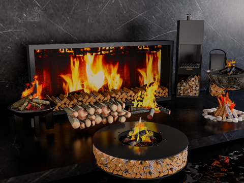 现代户外壁炉 火盆 火堆 篝火 火炉 围炉su模型