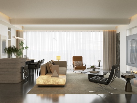 现代意式家居客厅 轻奢意式客厅 高级灰客厅 沙发茶几组合su模型