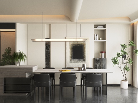  现代意式岛台餐厅 轻奢意式餐厅 开放式餐厅 岛台餐桌椅3d模型 