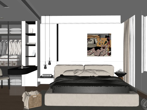 现代卧室 主卧 次卧 挂画 吊灯 衣柜su模型