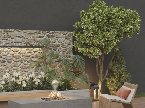  现代庭院花园 休闲卡座花池 悬挑木质卡座 水泥酒精炉 单人休3d模型 