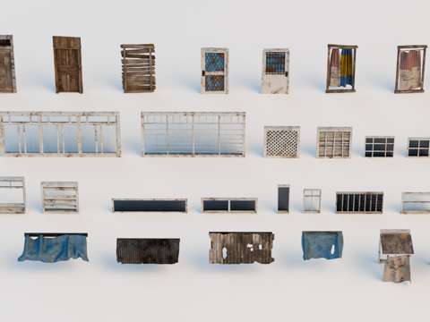 贫民区门窗 破旧门窗 遮阳棚 破旧木门 破旧窗户 破旧铁门su模型