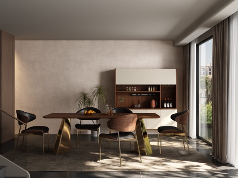  现代中古风餐厅 餐桌椅3d模型 