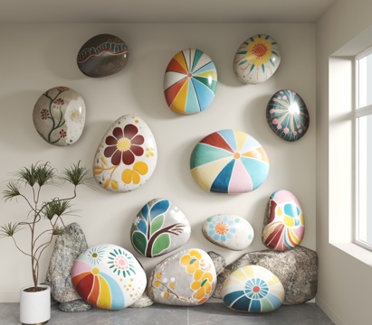 现代背景墙 鹅软石背景墙 创意背景墙 彩绘鹅软石 彩色软石su模型