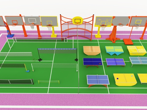 篮球场 羽毛球场 乒乓球台 球网 篮球架su模型