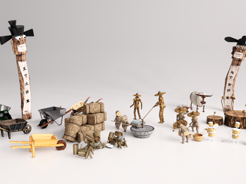 稻草人雕塑 农具小品 农耕小品 乡村小品su模型