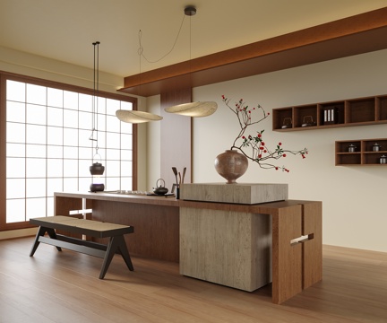 新中式茶室 茶桌椅 长凳 吊灯 花瓶花艺 茶具su模型