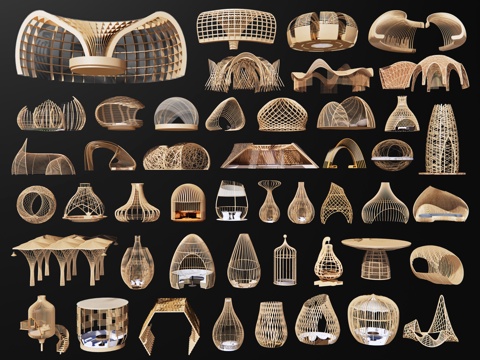 现代异形构筑 异形廊架 参数化鸟笼 景观廊架 藤编竹构架su模型