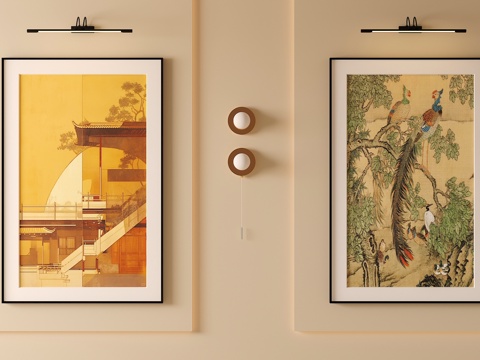 宋氏中古风挂画 长条挂画  挂画组合su模型