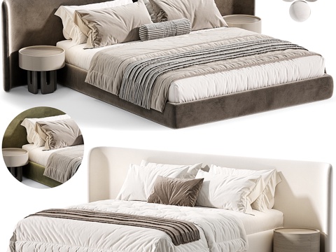  现代奶油风布艺双人床3d模型 