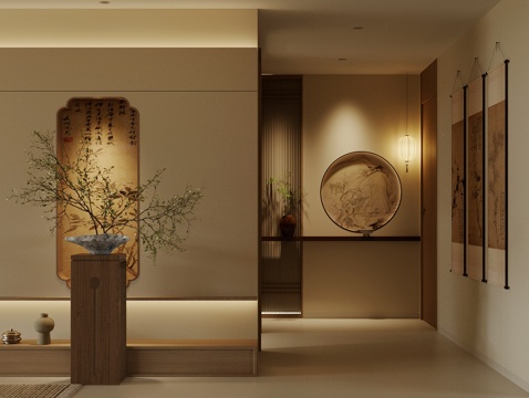 中古风入户玄关 原木风玄关柜 端景台玄关 别墅玄关 玄关背景su模型