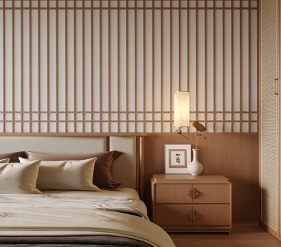 日式床头柜 床头吊灯 双人床 卧室su模型