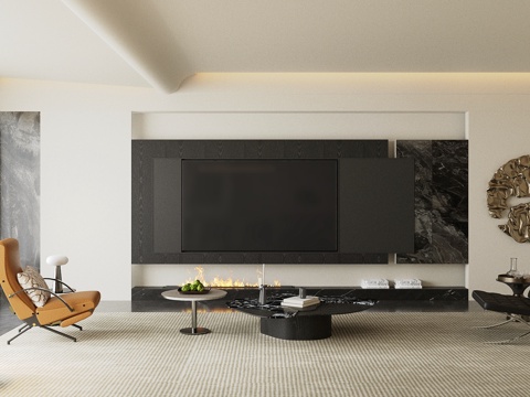 现代意式电视背景墙 轻奢意式客厅 客厅背景墙 大理石背景墙su模型