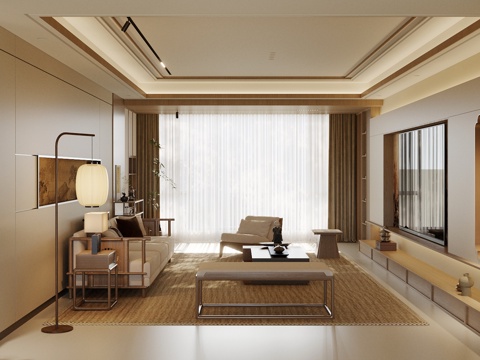 新中式禅意家居客厅 中式宋式客厅 宋式美学客厅 沙发茶几组合su模型