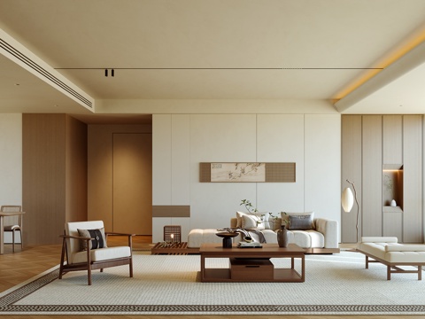 中古风客餐厅 餐桌组合 沙发组合 茶几组合 挂画su模型