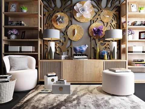  新中式书柜 边柜 单椅 墙饰 书架茶几3d模型 