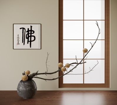 新中式插花花艺 挂画 陶罐花艺 盆栽 植物摆件su模型