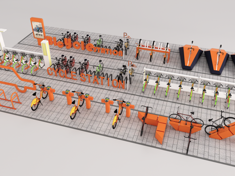 现代共享单车 共享自行车 自行车停车点su模型