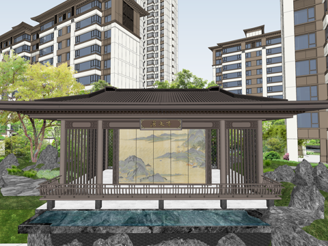 新中式亭子 新中式花园住宅建筑景观亭su模型
