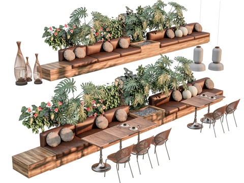 户外卡座餐桌椅 热带植物花箱隔断 餐厅卡座 餐桌椅 休闲卡座su模型