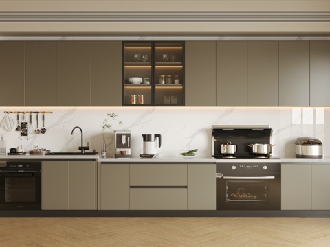 暗黑风厨房 黑白灰厨房 开放式厨房 厨房用品组合 一字型厨房su模型