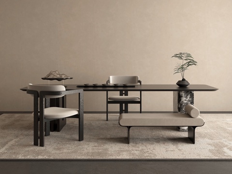 中式新中式茶桌茶台组合su模型