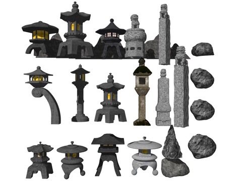 新中式石笼石灯笼su模型